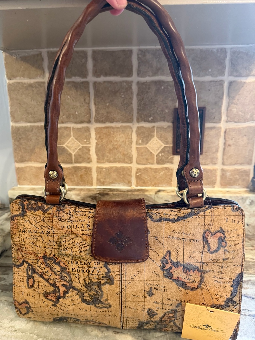 Old World European Map Print Brown Leather Accent Shoulder Bag